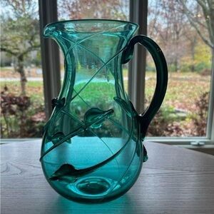 TEAL ATEIAIAN BLOWN GLASS W/ LEAF DESIGN PITCHER